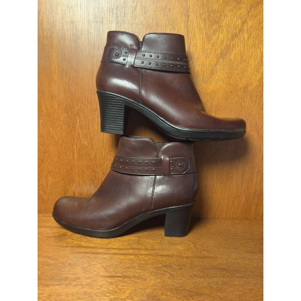Clarks Dark Brown Leather Ankle Boots Studded Strap Side Zip Size 9